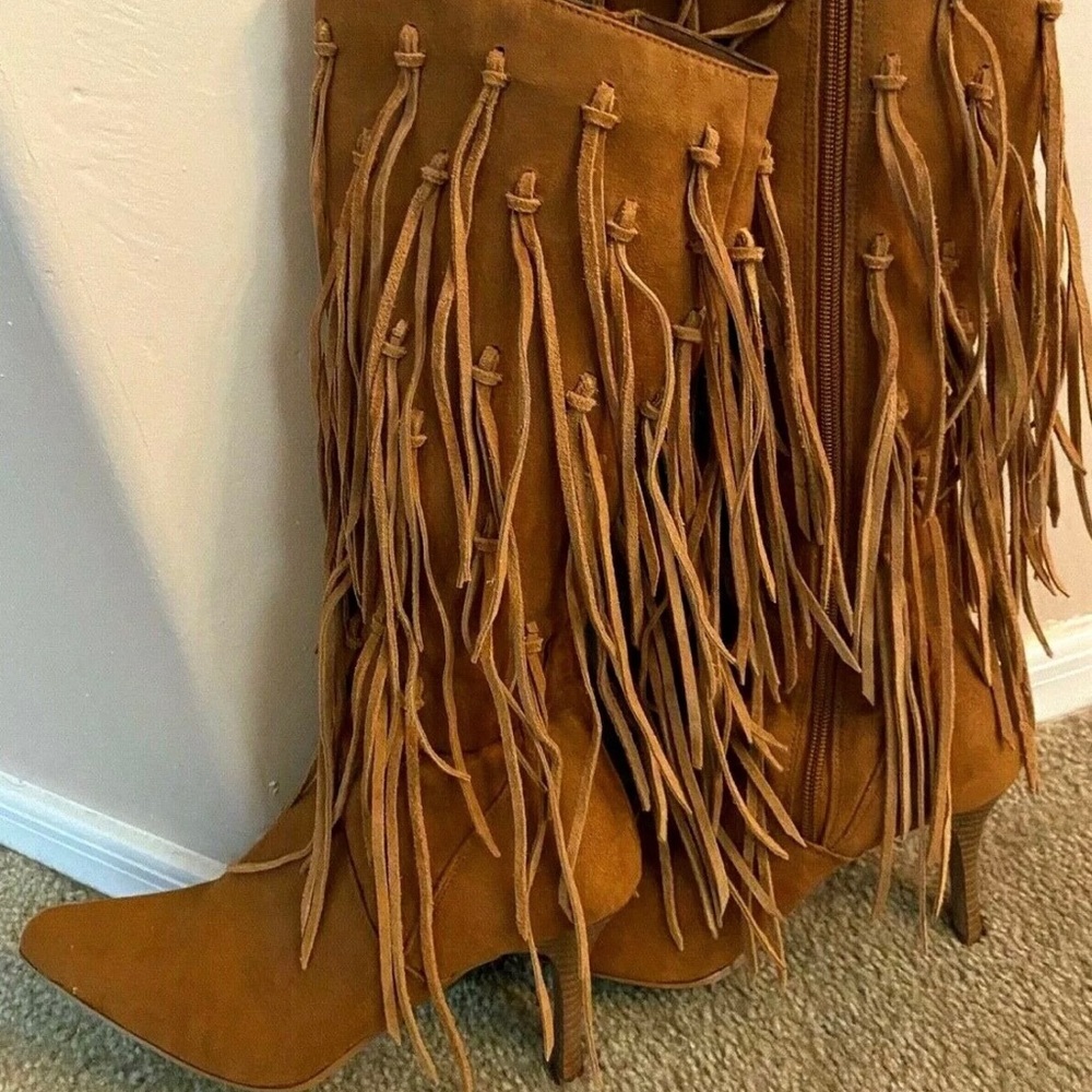 Joan 63A, Women's Fringed Hi Heel Boots, Size 8-1/2, Full Zip, Brown, Faux Suede